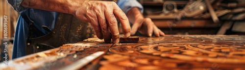 Artisan woodworker fitting intricate marquetry on a luxury wardrobe, displaying craftsmanship and attention to detail