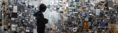 Artist crafting a largescale installation from recycled electronic waste, making a statement on technology and sustainability photo