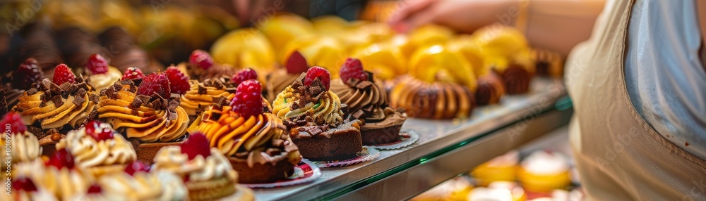 Bakery artisan arranging a variety of freshly baked pastries in a display case, enticing customers with colorful treats Bakery artisan arranging a variety of freshly baked pastries in a display case, enticing customers with colorful treats