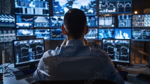 Cybersecurity expert monitoring network traffic on multiple screens, showing realtime threat detection and analysis
