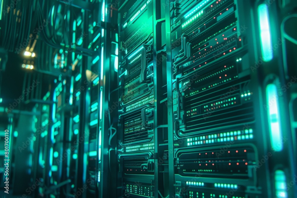 Teal green server room with blinking lights Teal green server room with blinking lights