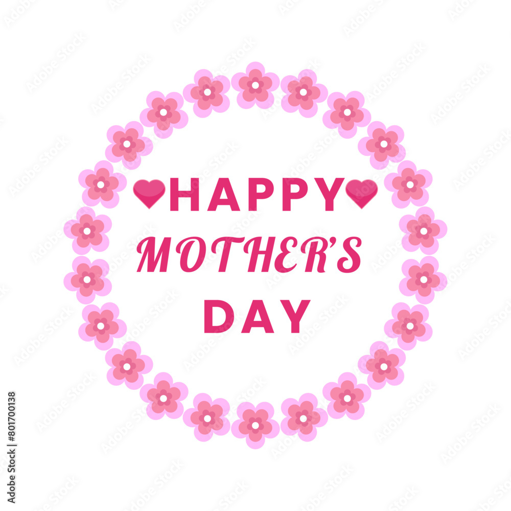 Mother's day greeting card. Vector banner illustration design with floral flowers circle frame hearts and text Happy Mother's Day for celebration mom holiday