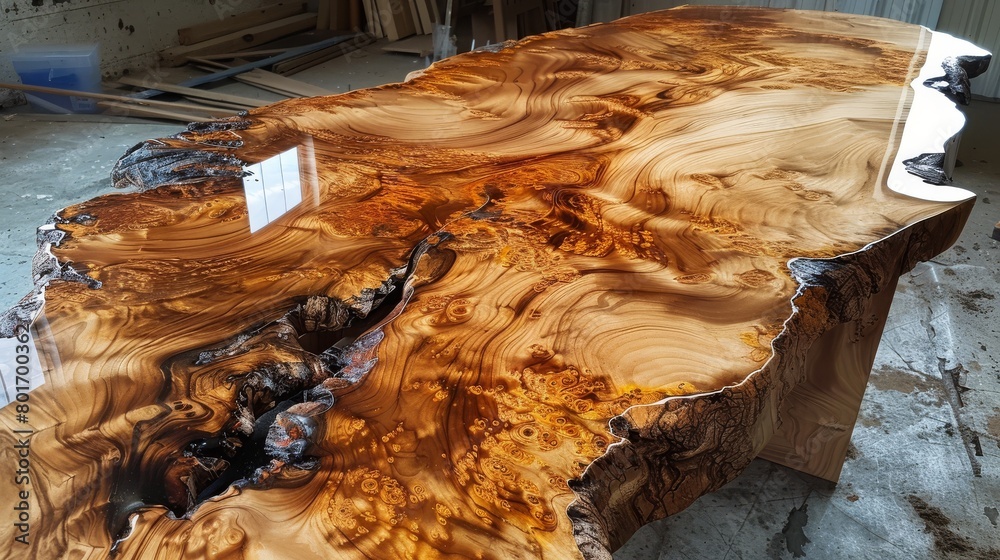 Furniture artisan finishing a custom coffee table with a highgloss lacquer, enhancing the woods natural beauty