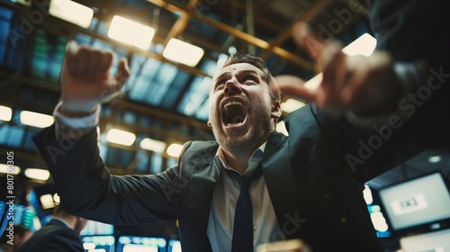 Floor traders shouting and gesturing vigorously as they buy and sell stocks, creating a dynamic and noisy environment photo
