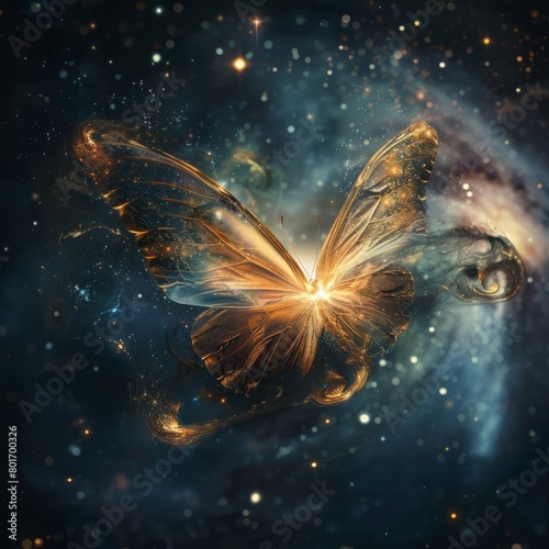 A beautiful glowing orange butterfly with transparent wings flies through a starry blue and purple space.