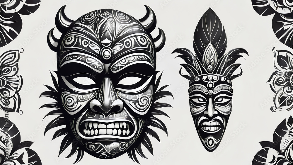 Black and white Tribal Tiki ethnic culture mask on transparent background