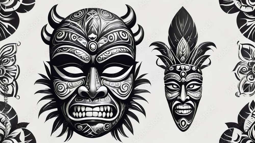 Black and white Tribal Tiki ethnic culture mask on transparent background Black and white Tribal Tiki ethnic culture mask on transparent background