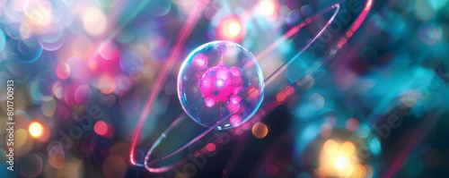 An atom with a glowing nucleus and electrons orbiting it.