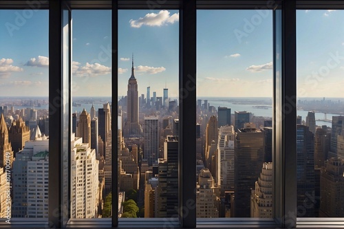 Empty interior from high-rise window showcasing expensive real estate with cityscape of skyscrapers in Midtown NYC at daytime