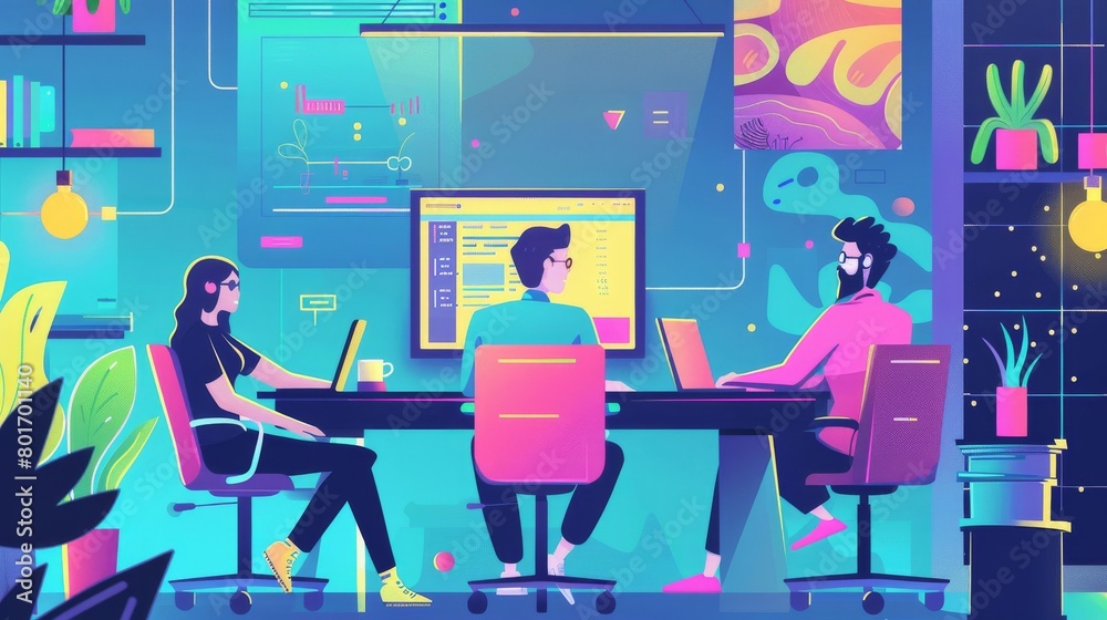Software developers in a collaborative workspace, introducing a new AI tool with live coding session and realtime results Software developers in a collaborative workspace, introducing a new AI tool with live coding session and realtime results
