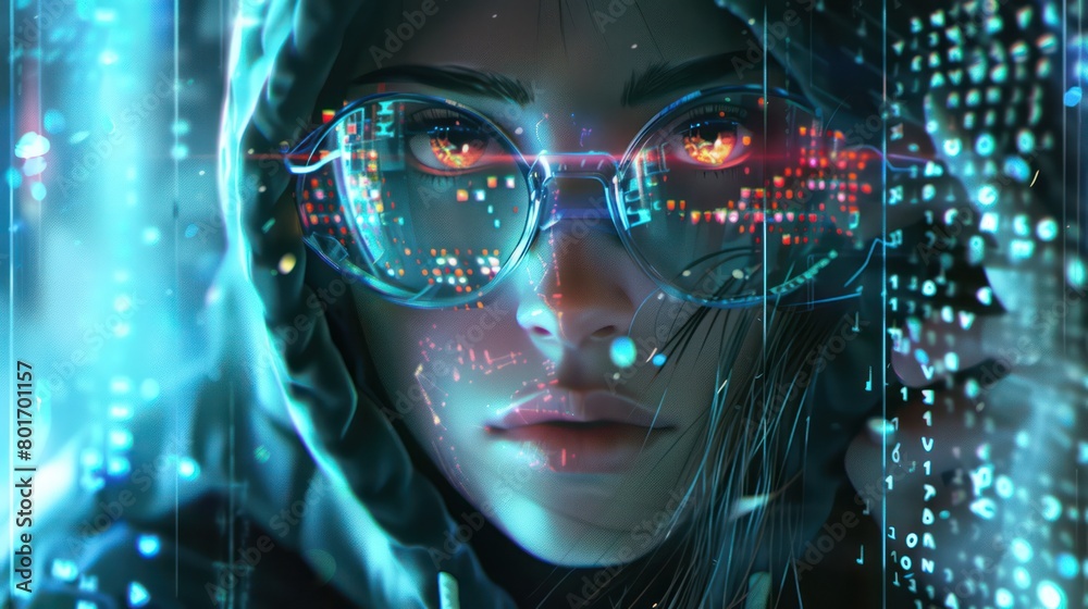 Girl as a modern hacker, surrounded by digital code and effects Girl as a modern hacker, surrounded by digital code and effects