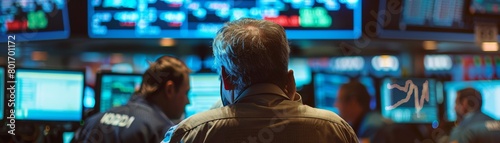 Traders intensely monitoring stock prices on multiple screens in a bustling stock exchange, reacting to rapid market changes