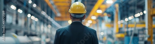 Visionary CEO overlooking a factory floor, wearing a hard hat and discussing operations with engineers