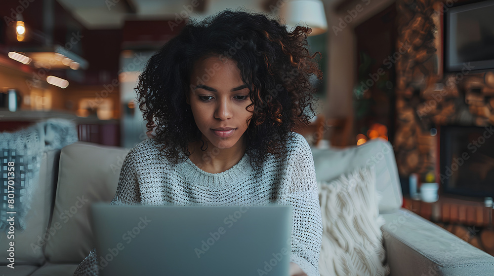 Serene Woman Engrossed in Work on Laptop at Cozy Home Setting
Serene Woman Engrossed in Work on Laptop at Cozy Home Setting