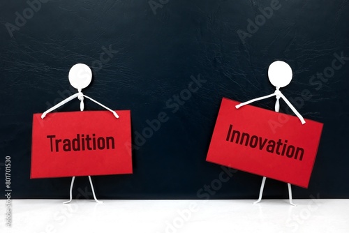 Tradition vs innovation concept. Wooden blocks on a scale.