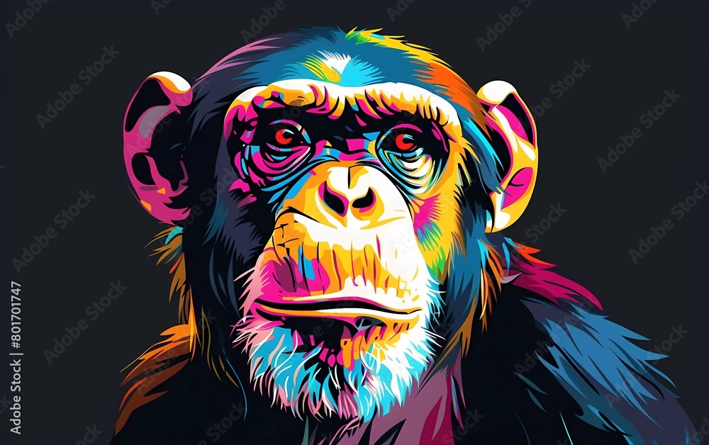monkey drawn using WPAP art style, isolated black background, pop art, vector illustration.