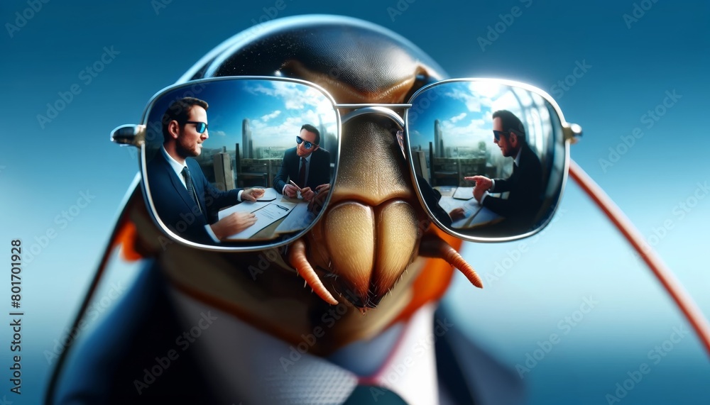 A cockroach wearing sunglasses with two businessmen reflected in the lenses. A cockroach wearing sunglasses with two businessmen reflected in the lenses.