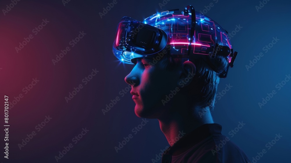 A man wearing a futuristic device on his head enhancing his cognitive abilities for increased productivity.. A man wearing a futuristic device on his head enhancing his cognitive abilities for increased productivity..