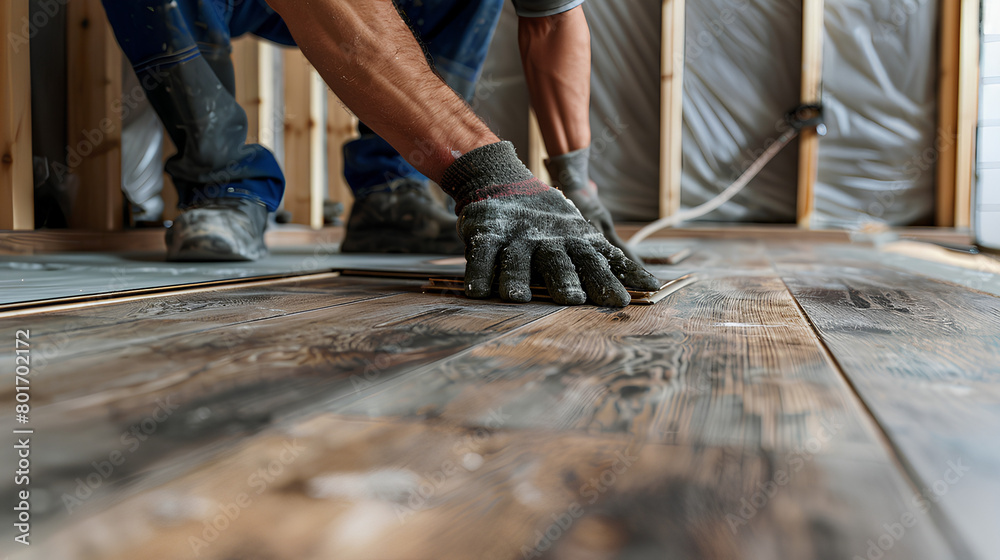Professional builder man laying laminate flooring at home
Professional builder man laying laminate flooring at home