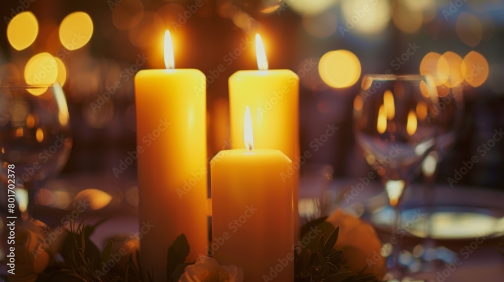 Every table is adorned with a centerpiece of ed candles in various heights casting a romantic and intimate light on the guests as they dine. 2d flat cartoon. Every table is adorned with a centerpiece of ed candles in various heights casting a romantic and intimate light on the guests as they dine. 2d flat cartoon.