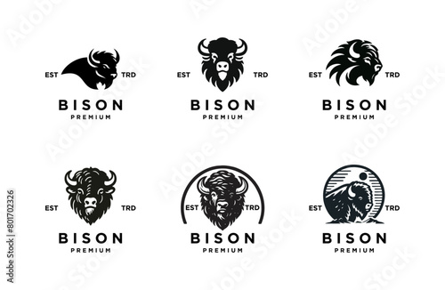 Bison silhouettes and icons. black flat color simple elegant white background Bison animal vector and illustration.