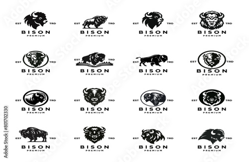 Bison silhouettes and icons. black flat color simple elegant white background Bison animal vector and illustration.