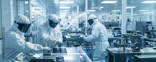 A clean room in a semiconductor lab with engineers in protective suits using laserguided machinery to create microchips photo