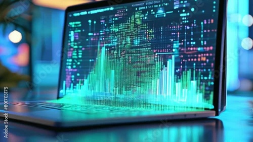 A holographic display of a computer screen with code overflowing from it. Holographic display of stock trends symbolizing digital financial revolution concept, 3D perspective.  photo