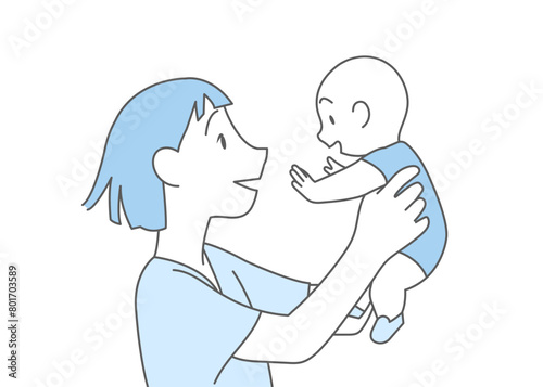 a woman is holding her baby. they are looking at each other with happiness. hand drawn style illustration. 