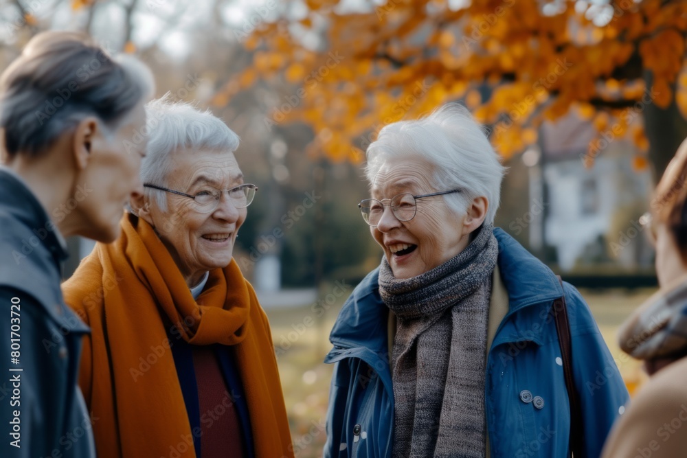 happy senior friends talking and laughing while walking in park during autumn day