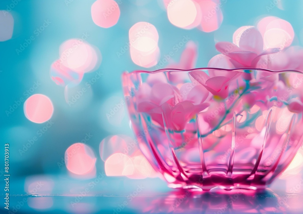 Elegant Pink Glass Bowl with Artificial Flowers on Blue Bokeh Background Elegant Pink Glass Bowl with Artificial Flowers on Blue Bokeh Background