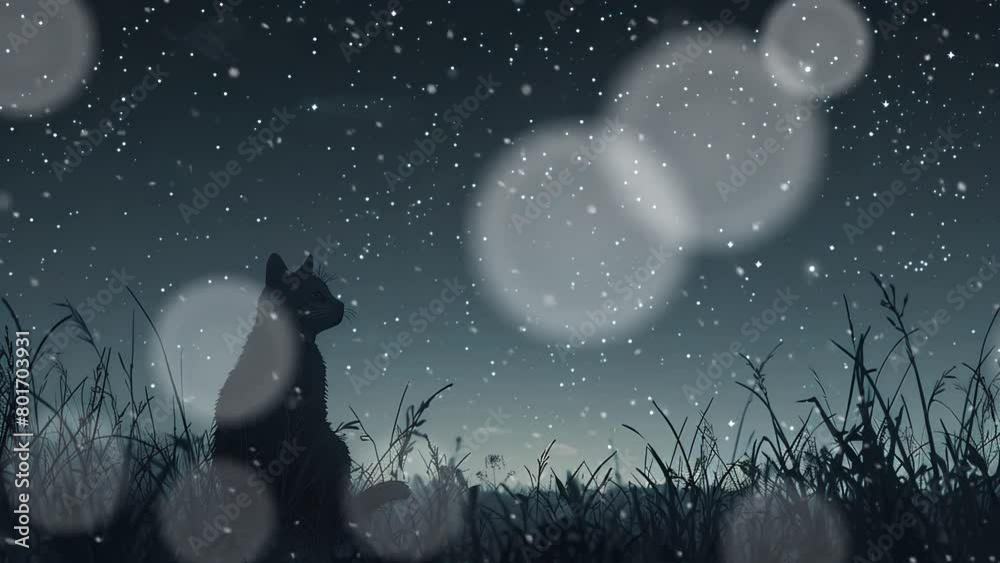 silhouette of cute cat sitting at night enjoying the sky full of stars. animated cartoon style videos.	
