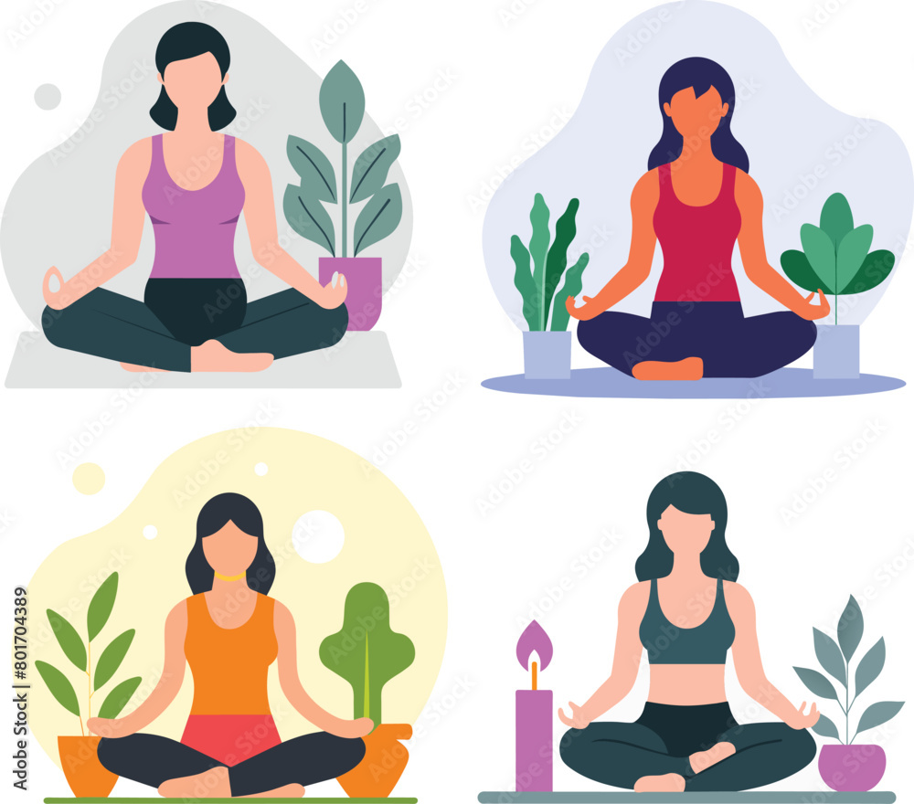 a woman practicing yoga, collection of illustrations showcasing women in various yoga poses, promoting mental and physical wellness