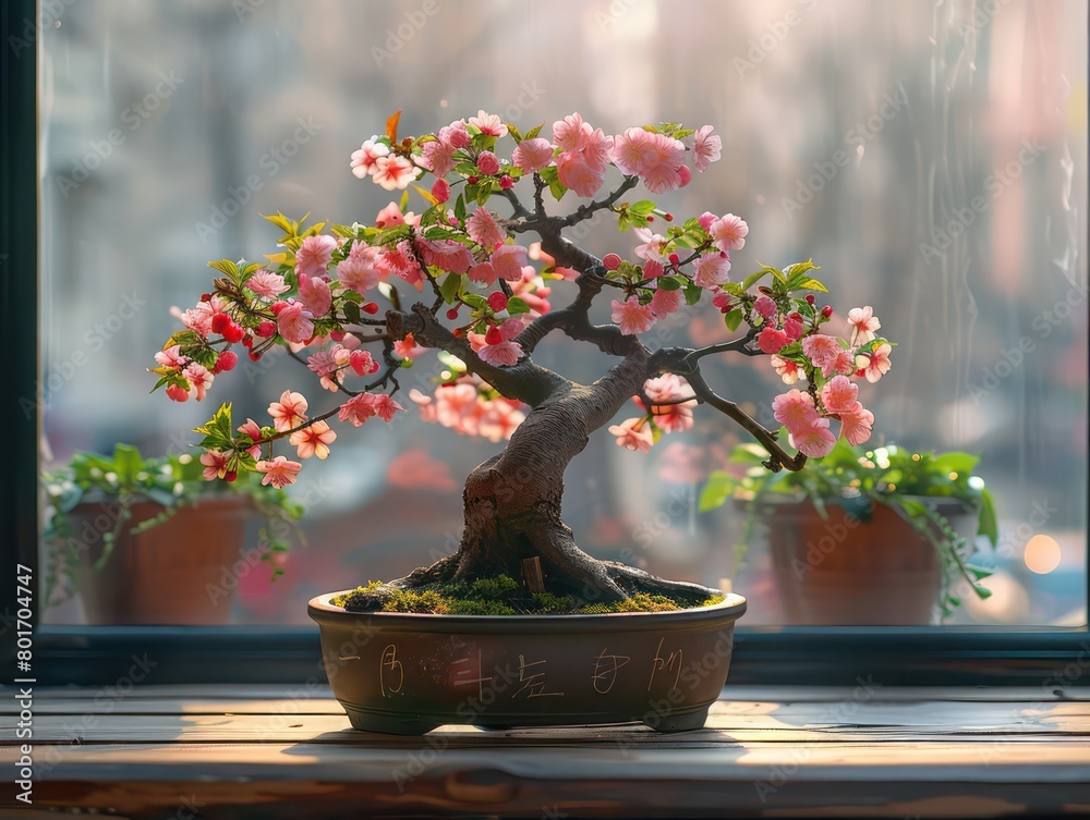 bonsai cherry blossom tree on the window sill bonsai cherry blossom tree on the window sill