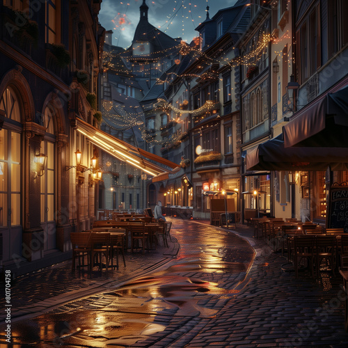 historic European city center at night, cobblestone streets, bustling cafes, old-world charm with modern lights, lively atmosphere © ch3r3d4r4f43l