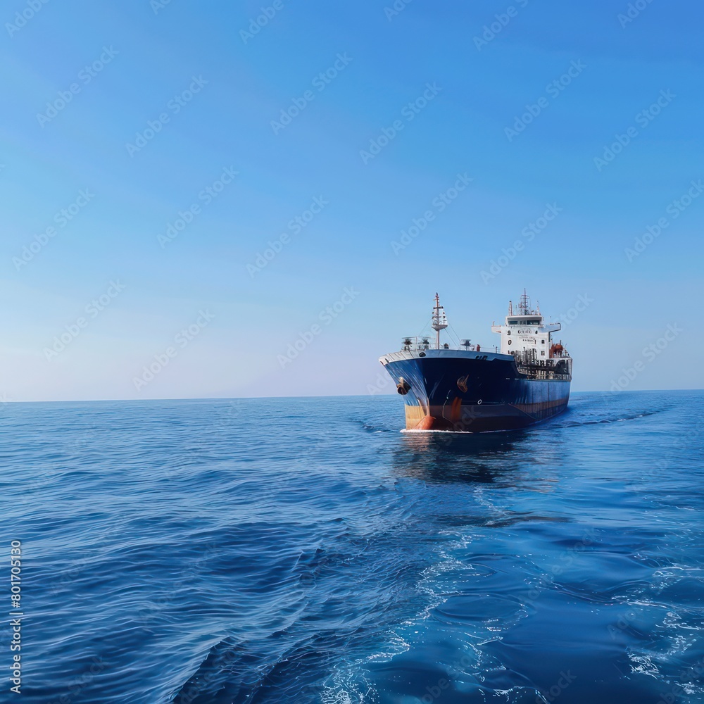 cargo ship sailing on the sea, clear blue sky