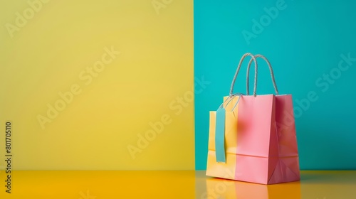 A colorful paper shopping bag sits open, ready to be filled with miniature paper goods, with ample copy space on the side, paper art style concept
