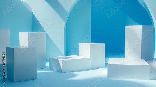 A series of small, square paper platforms are arranged in a semicircle, each with a clear space at the front for promotional copy, paper art style concept
