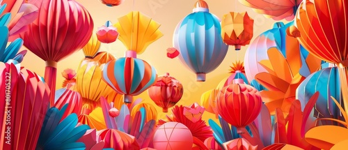 A parade of vibrant paper lanterns illuminates Memorial Day Weekend, a tribute in paper art style concept photo