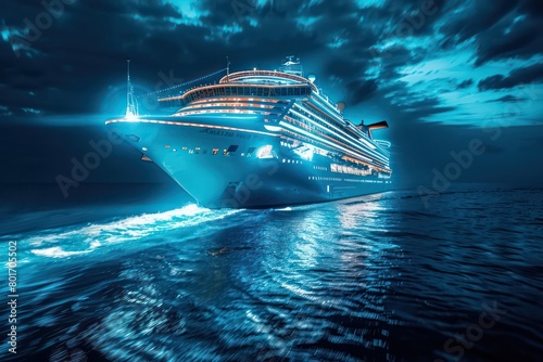 beautiful cruise ship sailing at night on sea, electric glowing lights