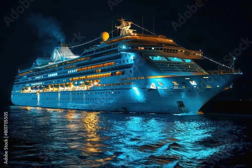 beautiful cruise ship sailing at night on sea, electric glowing lights photo