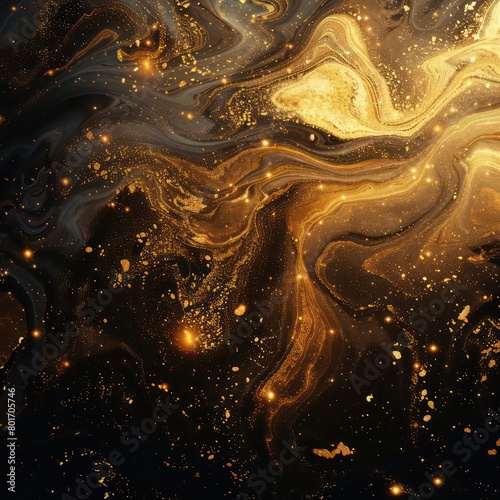 a liquid gold swirling texture, glittering flows all directions and streams on black background 