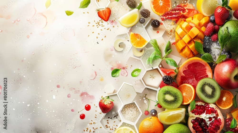 Bright fruits and whole grains seamlessly integrate into a simple hexagonal element design for a nutritious diet flyer, banner background concept 3D with copy space Bright fruits and whole grains seamlessly integrate into a simple hexagonal element design for a nutritious diet flyer, banner background concept 3D with copy space