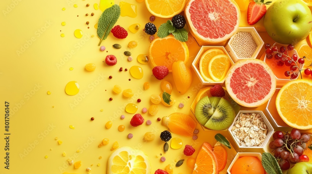 Bright fruits and whole grains seamlessly integrate into a simple hexagonal element design for a nutritious diet flyer, banner background concept 3D with copy space Bright fruits and whole grains seamlessly integrate into a simple hexagonal element design for a nutritious diet flyer, banner background concept 3D with copy space
