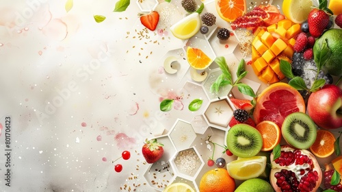 Bright fruits and whole grains seamlessly integrate into a simple hexagonal element design for a nutritious diet flyer  banner background concept 3D with copy space