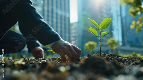 businessperson planting a tree in an urban garden corporate social responsibility