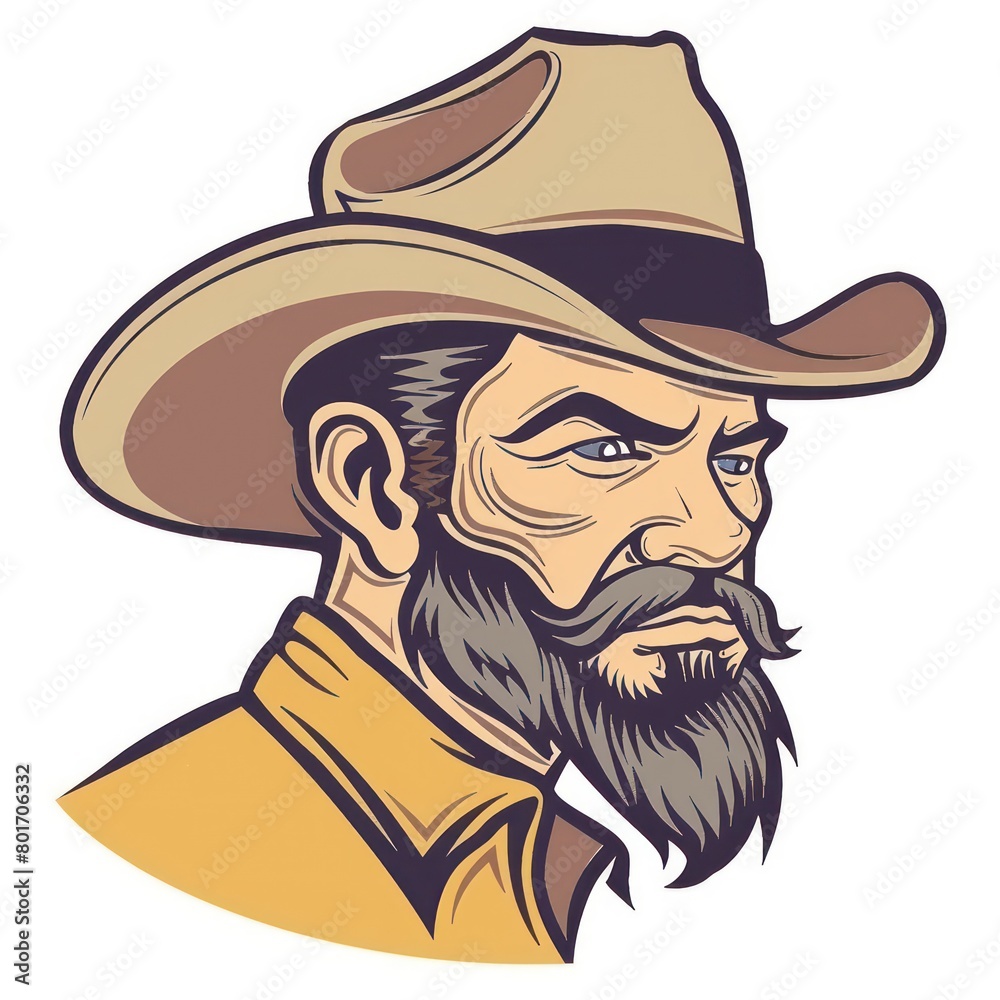 cowboy with beard, wearing a cowboy hat on white background