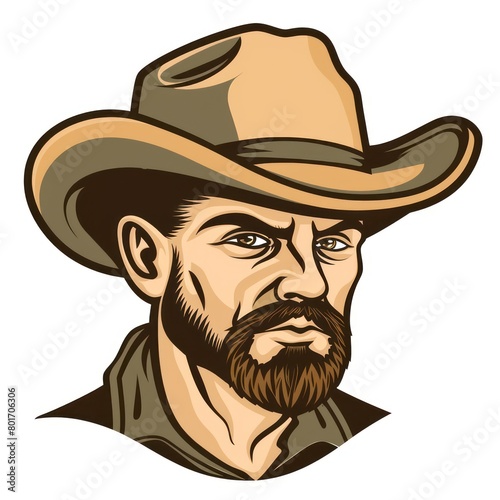 cowboy with beard, wearing a cowboy hat on white background