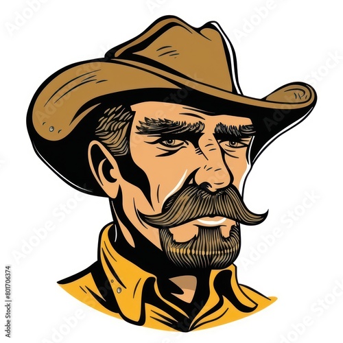 cowboy with beard, wearing a cowboy hat on white background