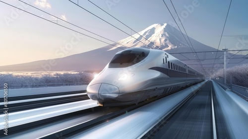 Iconic Mount Fuji and Shinkansen trains illustrate Japans blend of natural beauty and modern technology on this brochure cover, banner background concept 3D with copy space